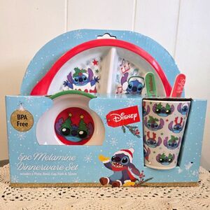 Disney Stitch Christmas 5pc Melamine Dinnerware Set New In Box